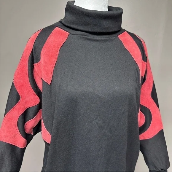 Vintage Osgood Smuk Leather Appliqué Black Knit Turtleneck Dolman Bat Sleeves M - Picture 2 of 14
